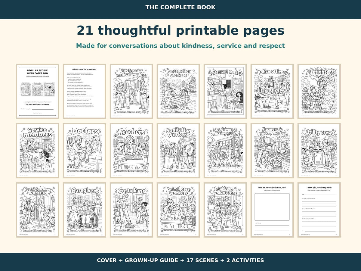 Community Helpers Coloring Book for Kids, Everyday Heroes Printable, Kindness Activities, Teacher Classroom PDF, 21 Pages