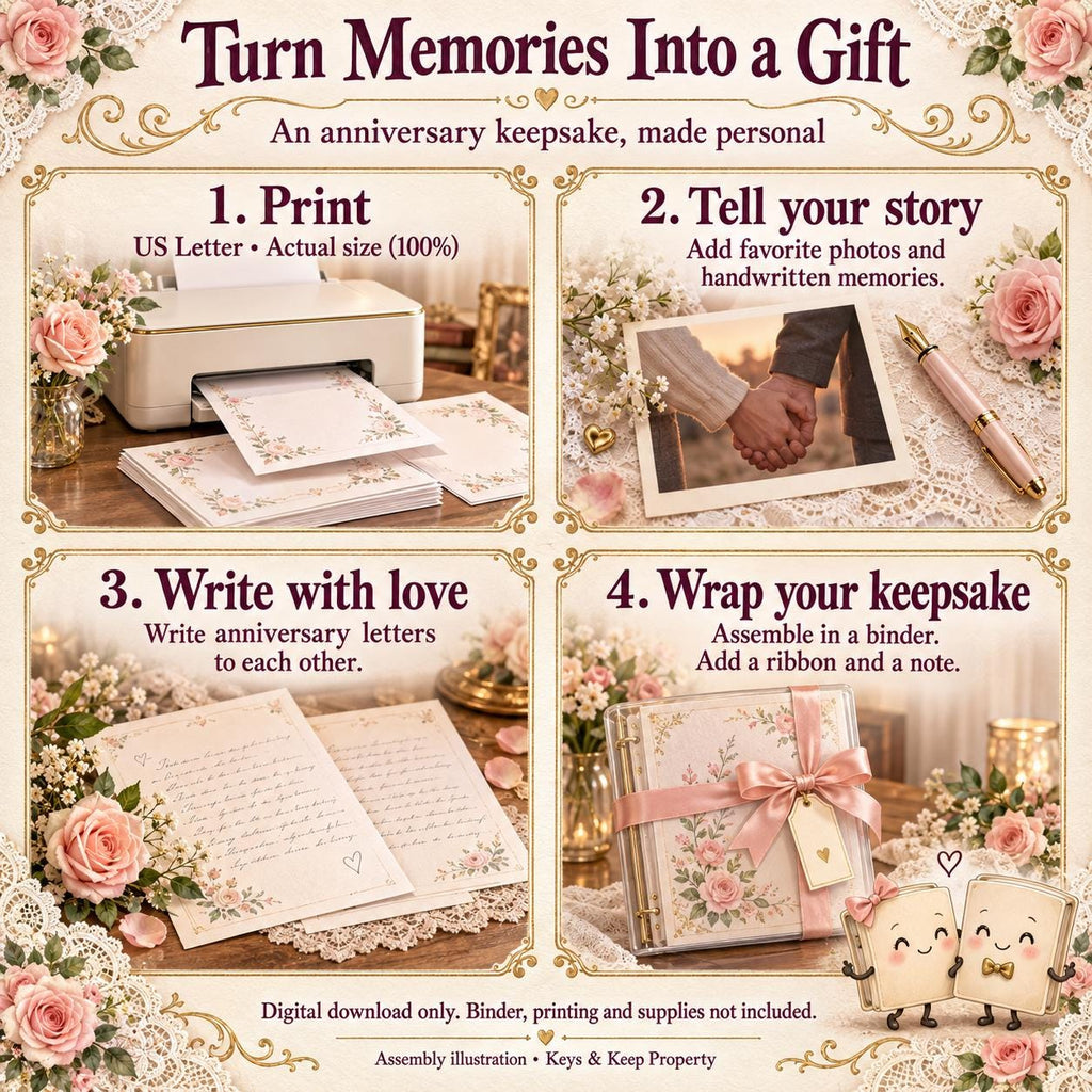 Four-panel anniversary keepsake gift guide showing printing, photos and memories, love letters, and ribbon-wrapped binder.