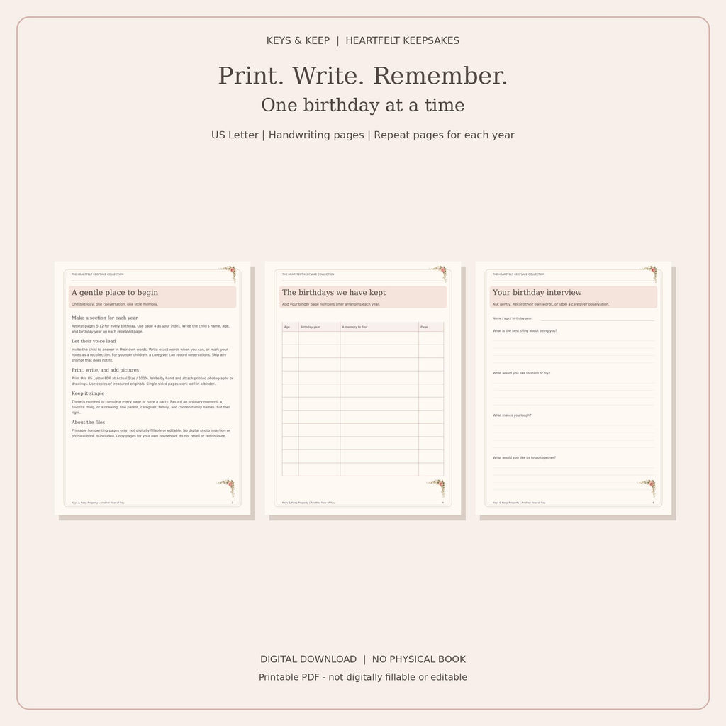 Birthday Memory Book Printable | Child Interview, Birthday Questionnaire and Parent Letter | 12-Page PDF