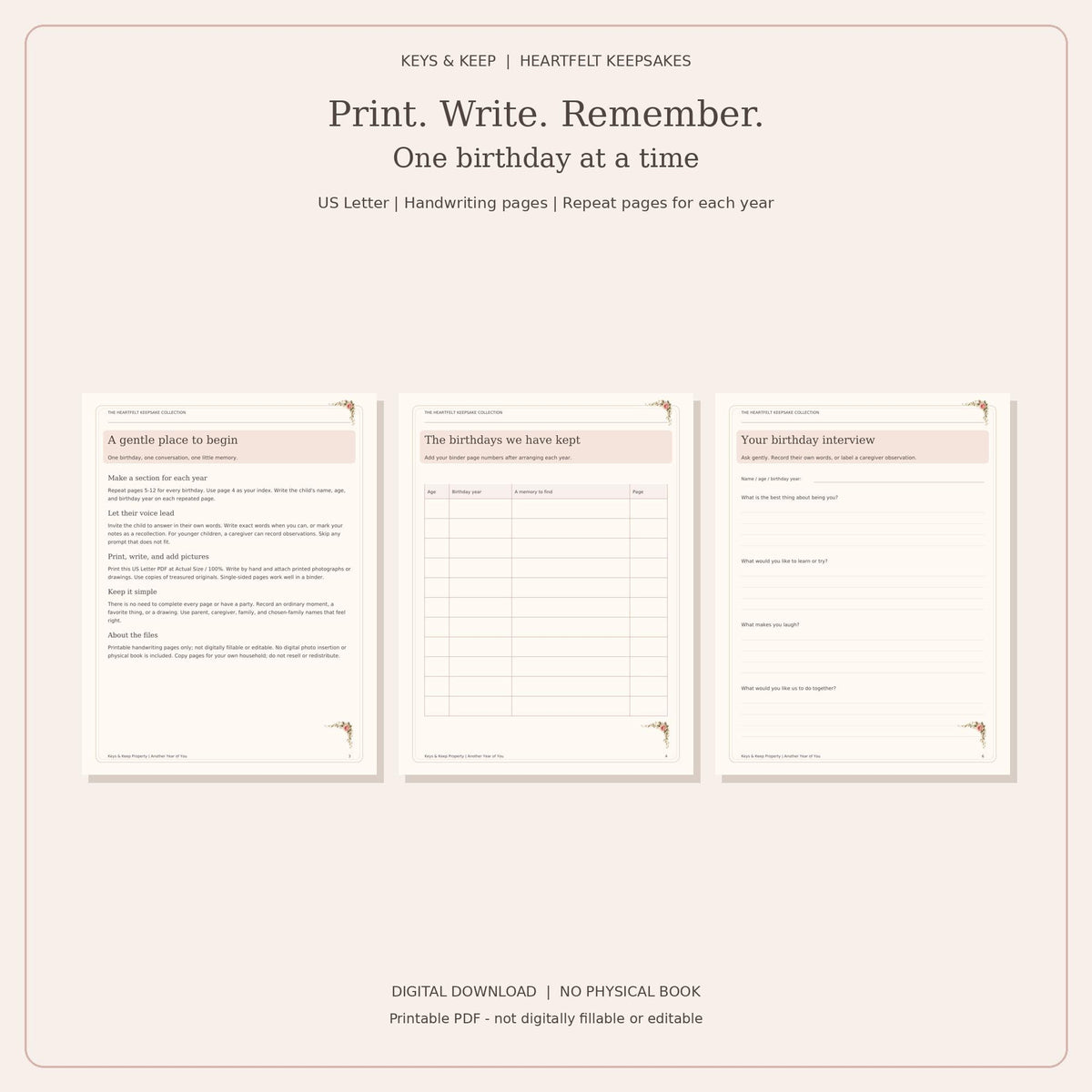 Birthday Memory Book Printable | Child Interview, Birthday Questionnaire and Parent Letter | 12-Page PDF