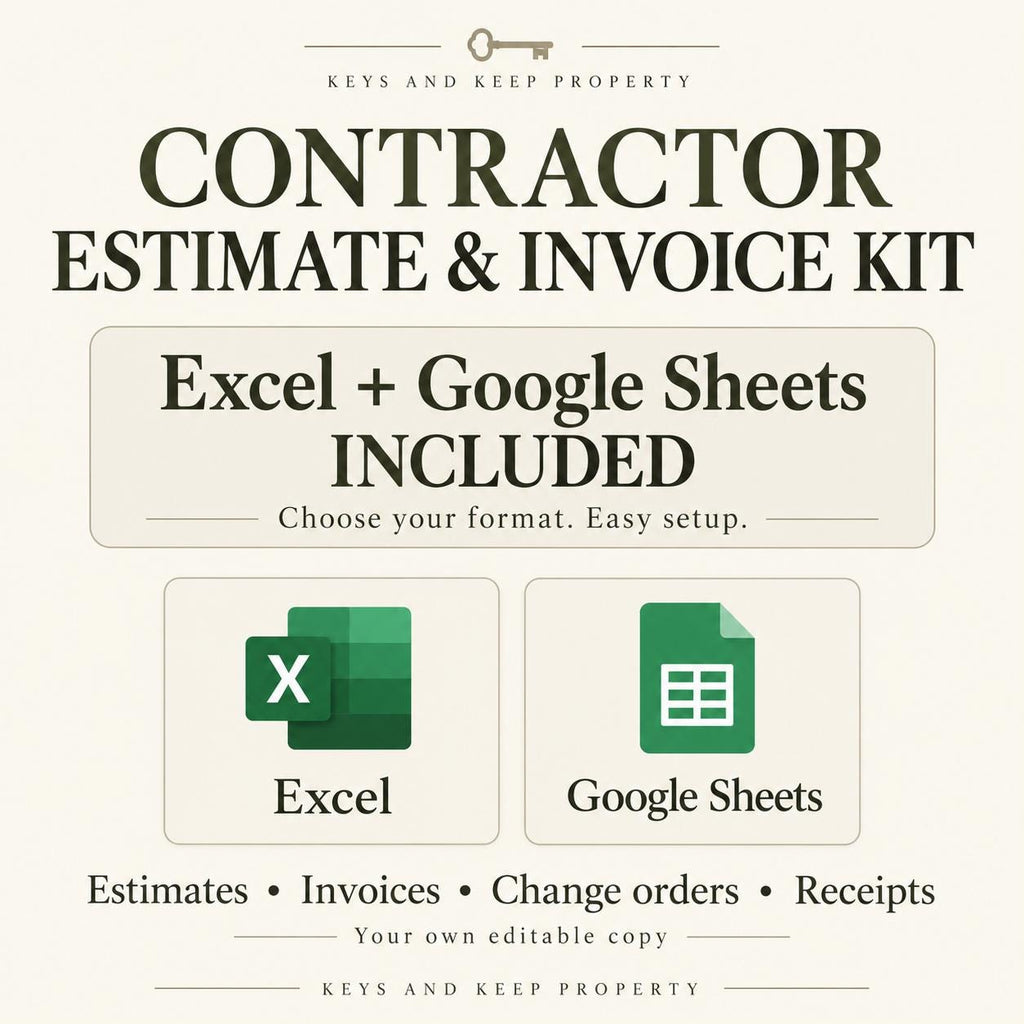 Contractor Estimate and Invoice Kit format graphic with Excel and Google Sheets logos on a cream background.