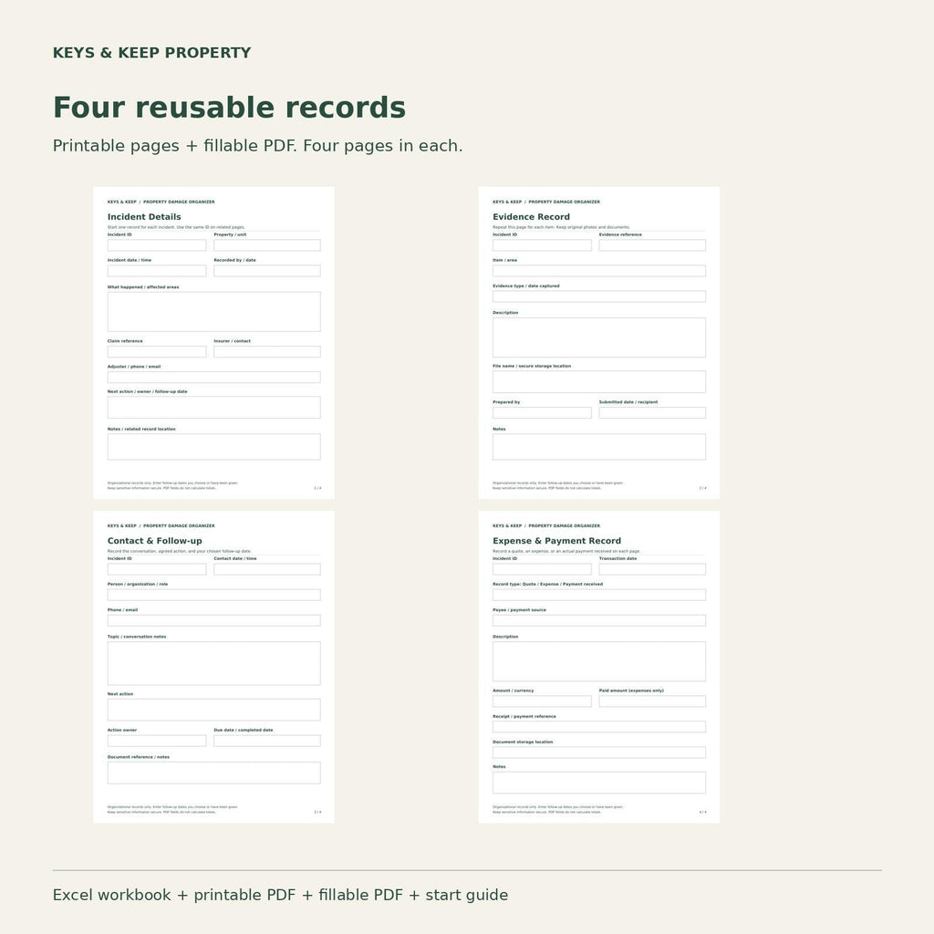 Property Damage & Insurance Claim Organizer | Excel and Google Sheets Tracker + Fillable PDF