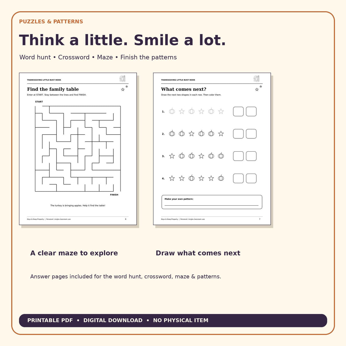 Thanksgiving Activity Book for Kids | Turkey Coloring, Word Search, Crossword, Maze & Gratitude | 14-Page Printable PDF