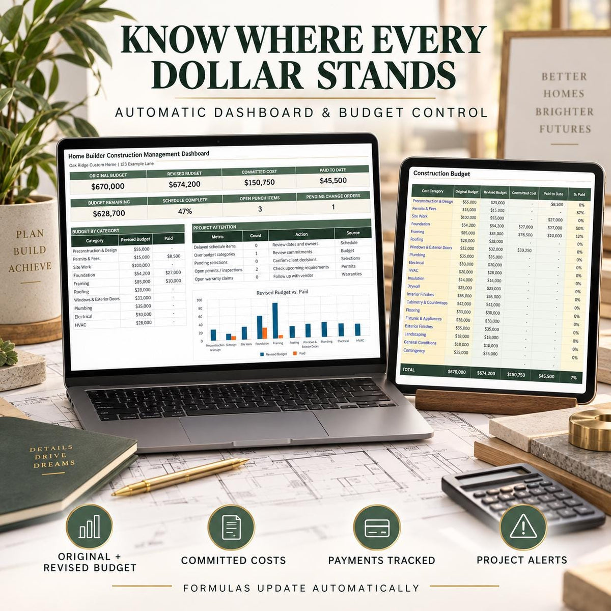 Home Builder Budget & Project Tracker | 12-Tab Excel and Google Sheets Construction Spreadsheet