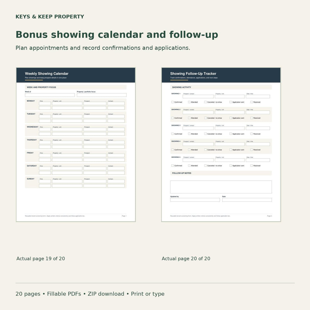 Tenant Screening Packet | 20-Page Fillable PDFs + Editable Word Applicant Handout