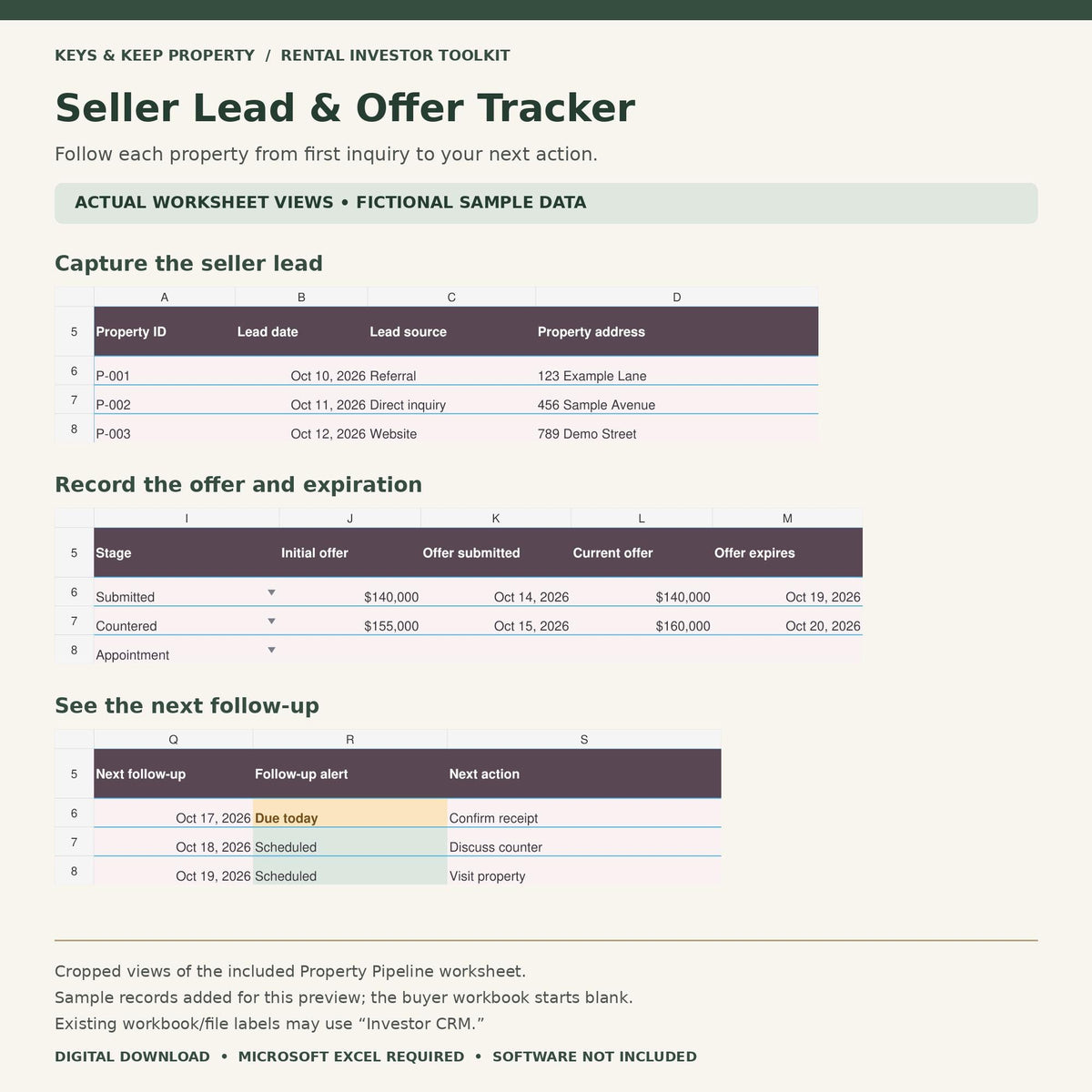 Rental Investor Toolkit | Excel + Google Sheets | Seller Lead and Offer Tracker, Follow-Up Templates and Rental Portfolio