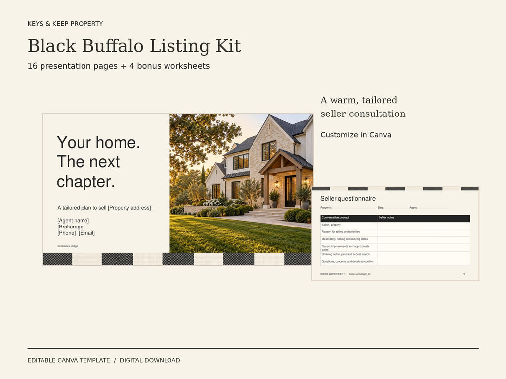 Black Buffalo Listing Kit cover with a house photograph and matching black-and-white plaid seller questionnaire.