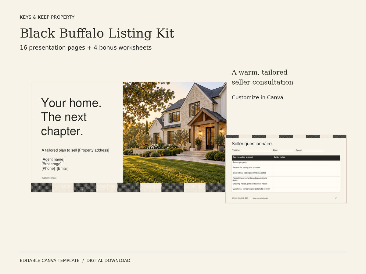 Real Estate Listing Presentation Canva Template | Black Buffalo Plaid Seller Consultation + 4 Worksheets