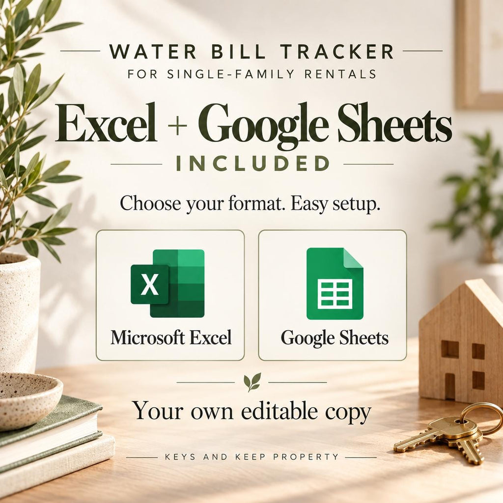 Water Bill Tracker format graphic with Microsoft Excel and Google Sheets logos beside a wooden house and keys.