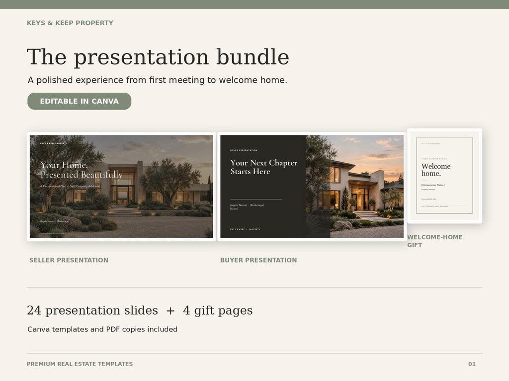 Presentation bundle overview with seller cover, buyer cover, welcome-home gift, and a 24-slide plus four-page summary.
