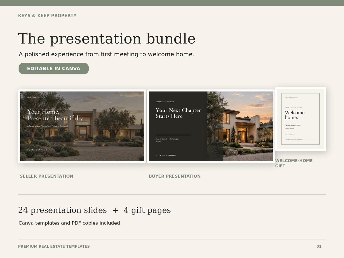 Real Estate Buyer and Seller Presentation Bundle | Editable Canva Templates, 12 Slides Each + Welcome Home Gift