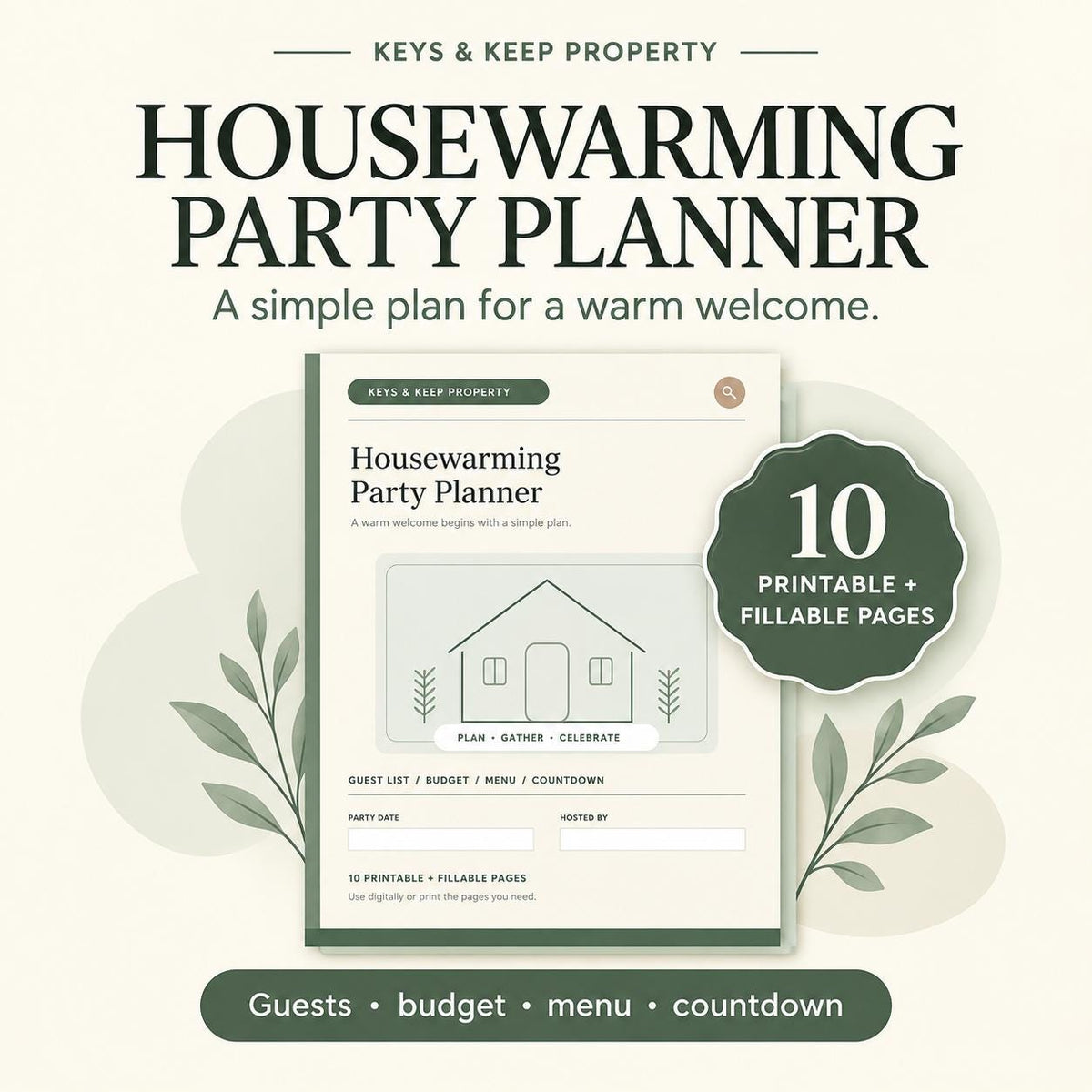 Housewarming Party Planner | Guest List, Budget, Menu and Prep Checklist | 10-Page Printable + Fillable PDF