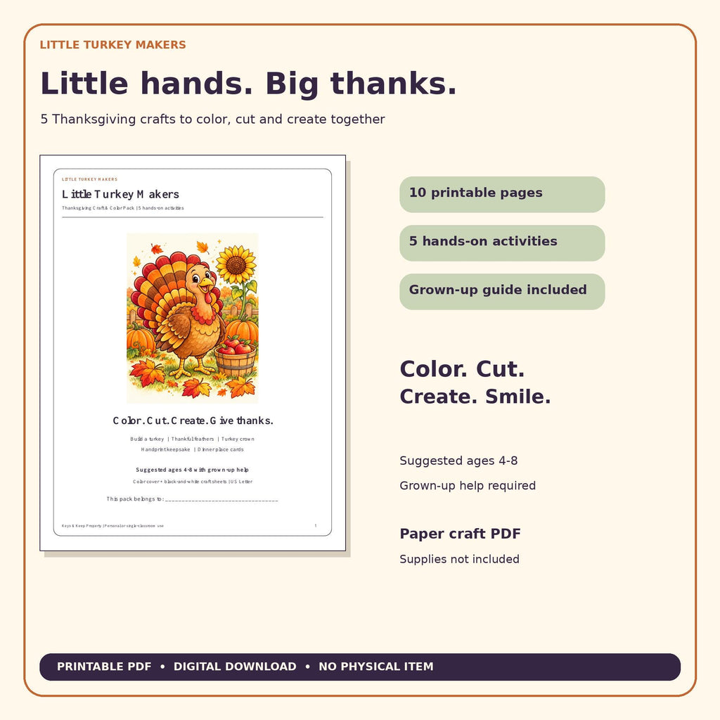 Thanksgiving Turkey Craft Pack for Kids | Build a Turkey, Thankful Feathers, Crown, Handprint & Place Cards | Printable PDF