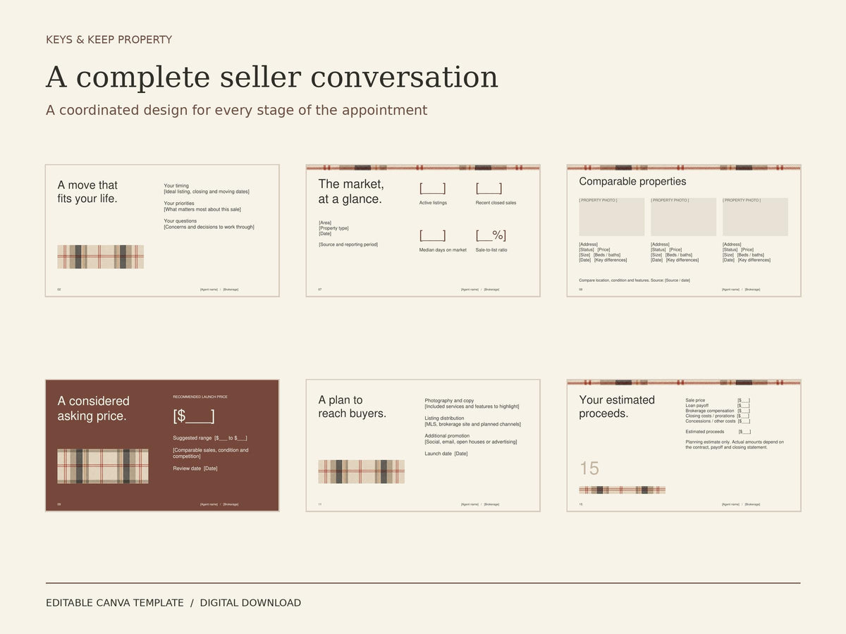 Real Estate Listing Presentation Canva Template | Warm Plaid Seller Consultation + 4 Worksheets