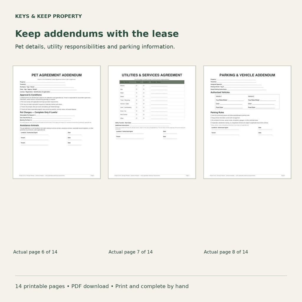 Pet Agreement Addendum, Utilities and Services Agreement, and Parking and Vehicle Addendum displayed side by side.