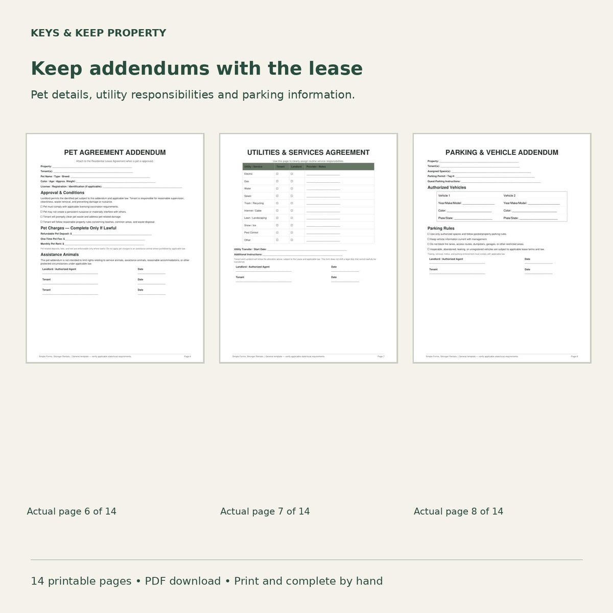 Residential Lease Packet | 14-Page Printable PDF, Pet Addendum & Move-In Forms