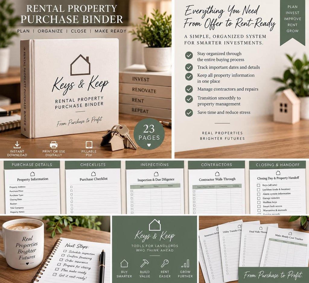 Rental Property Purchase Binder | 23-Page Printable PDF & Editable Word, Closing Checklist