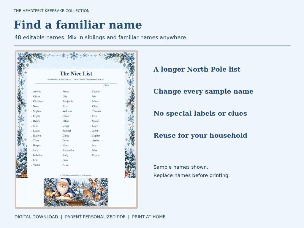 Blue Snowflake Nice List preview with three columns of names beside instructions for personalizing the list.