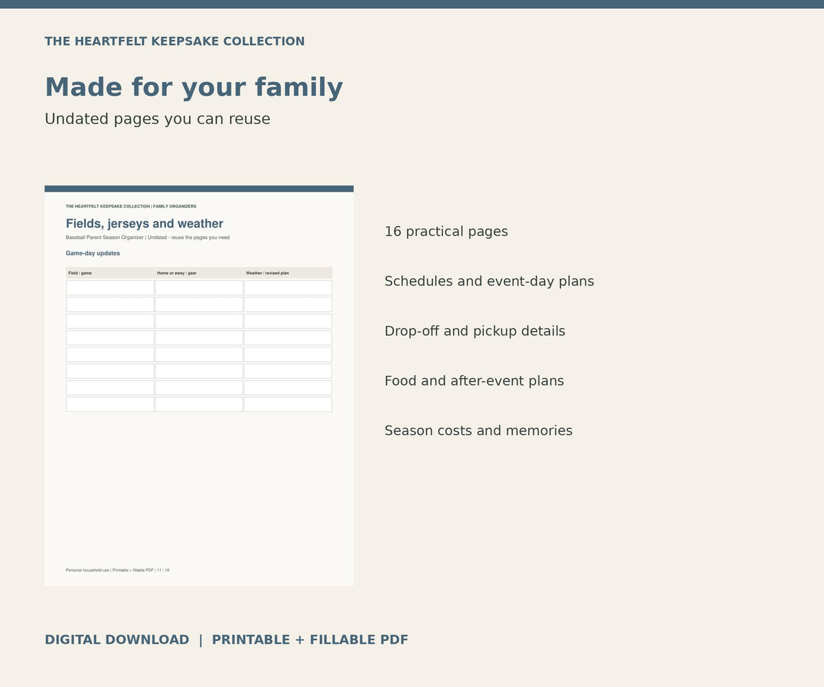 Baseball Parent Season Organizer | Printable and Fillable PDF, Game Schedule, Rides, Food and Jerseys