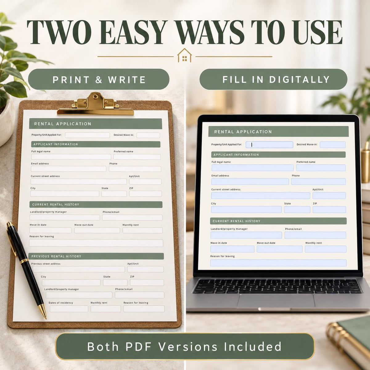 Rental Application Form | 3-Page Printable & Fillable PDFs + Editable Word
