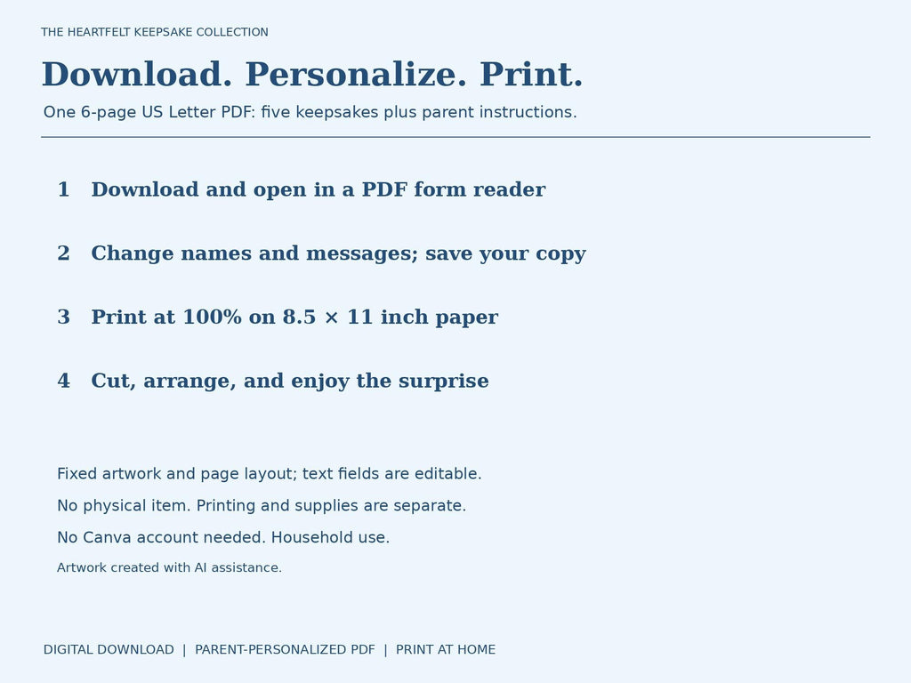 Blue Santa kit instruction graphic listing steps to download, personalize, print, cut, and arrange the keepsakes.