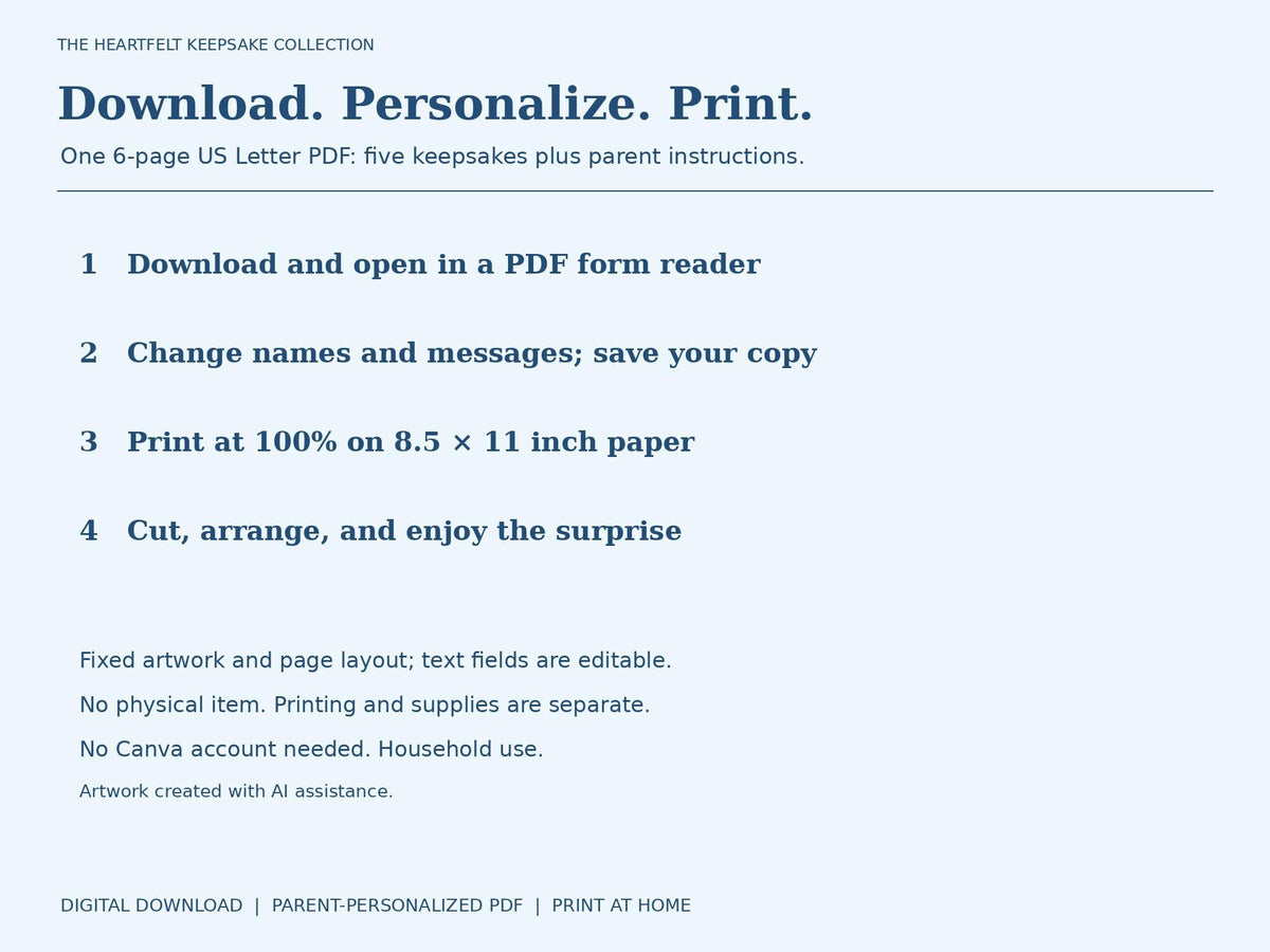 Blue Santa kit instruction graphic listing steps to download, personalize, print, cut, and arrange the keepsakes.