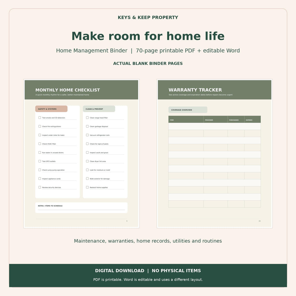 Home Management Binder previews showing a Monthly Home Checklist beside a Warranty Tracker table.