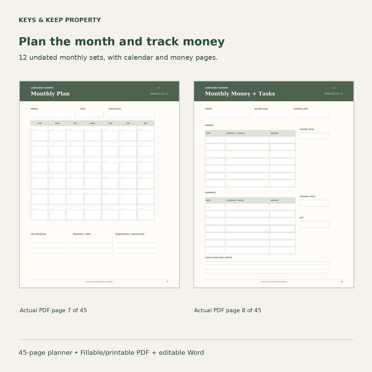 Landlord Planner | Rent, Tenant, Maintenance and Expense Records | 45-Page Fillable + Printable PDF and Editable Word