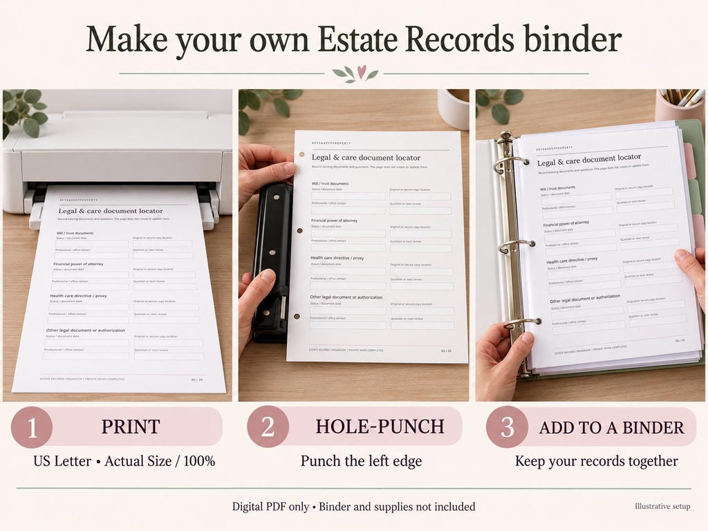 Estate Planning Records Organizer | 20-Page Fillable PDF Binder, Important Documents, Accounts & Family Contacts