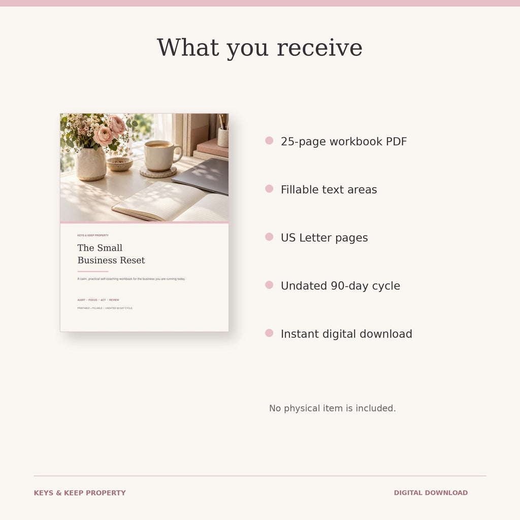 Small Business Reset contents graphic showing the cover and a list of 25-page PDF and 90-day planning features.