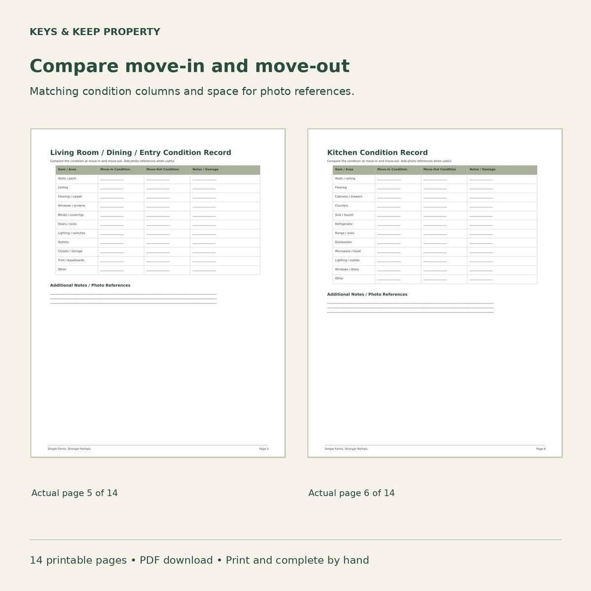 Landlord Move-In Move-Out Packet | Property Condition, Keys and Handoff Records | 14-Page Printable PDF