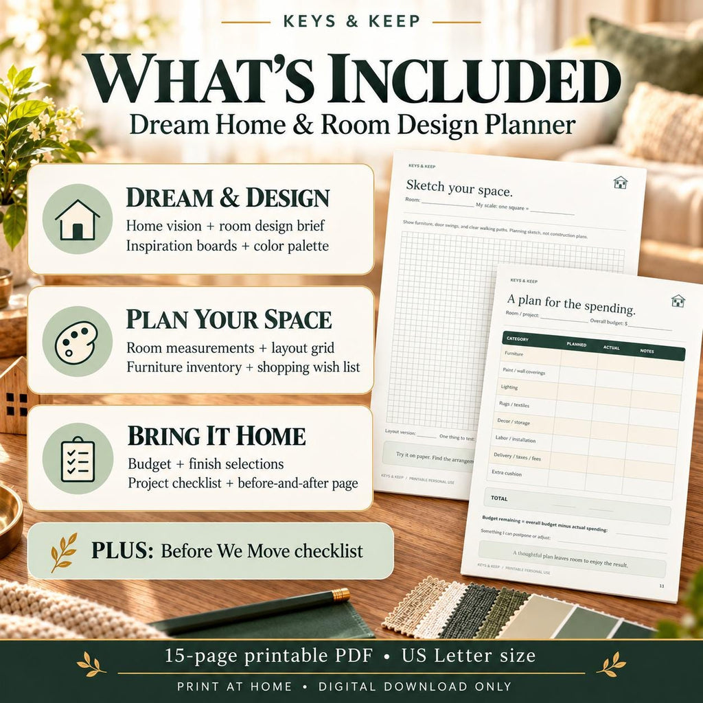Room-design planner contents graphic with layout-grid and spending-plan previews beside three planning categories.
