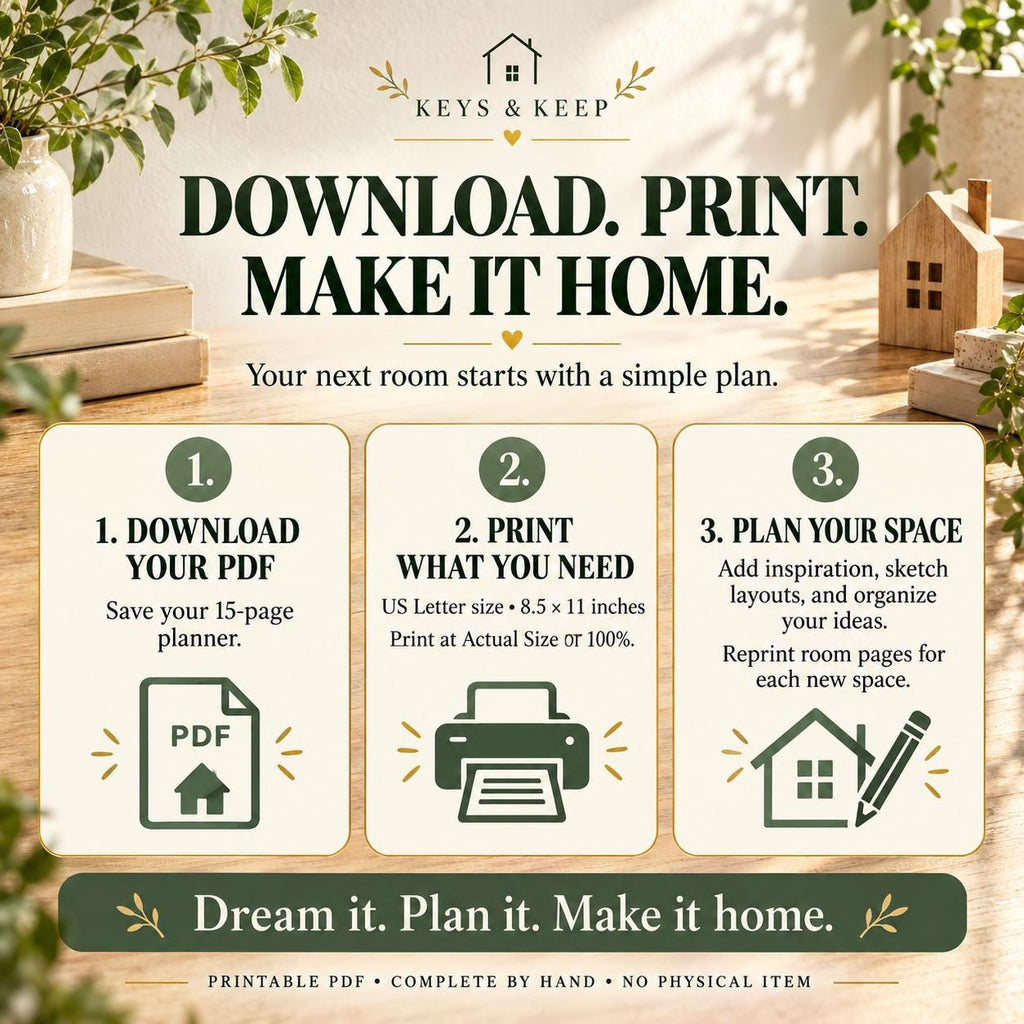 Room-design planner three-step guide with icons for downloading the PDF, printing pages, and planning a space.
