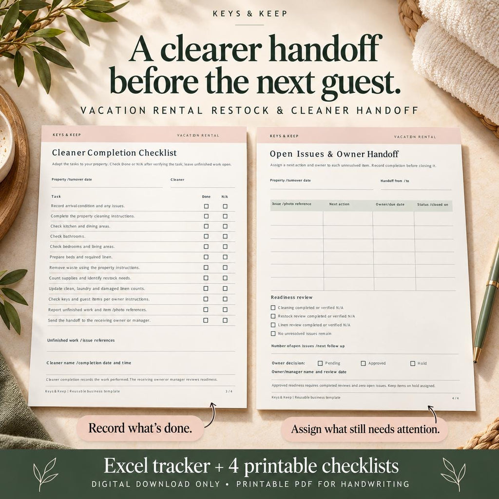 Vacation Rental Restock & Cleaner Handoff Tracker | Excel and Google Sheets + Printable Checklists
