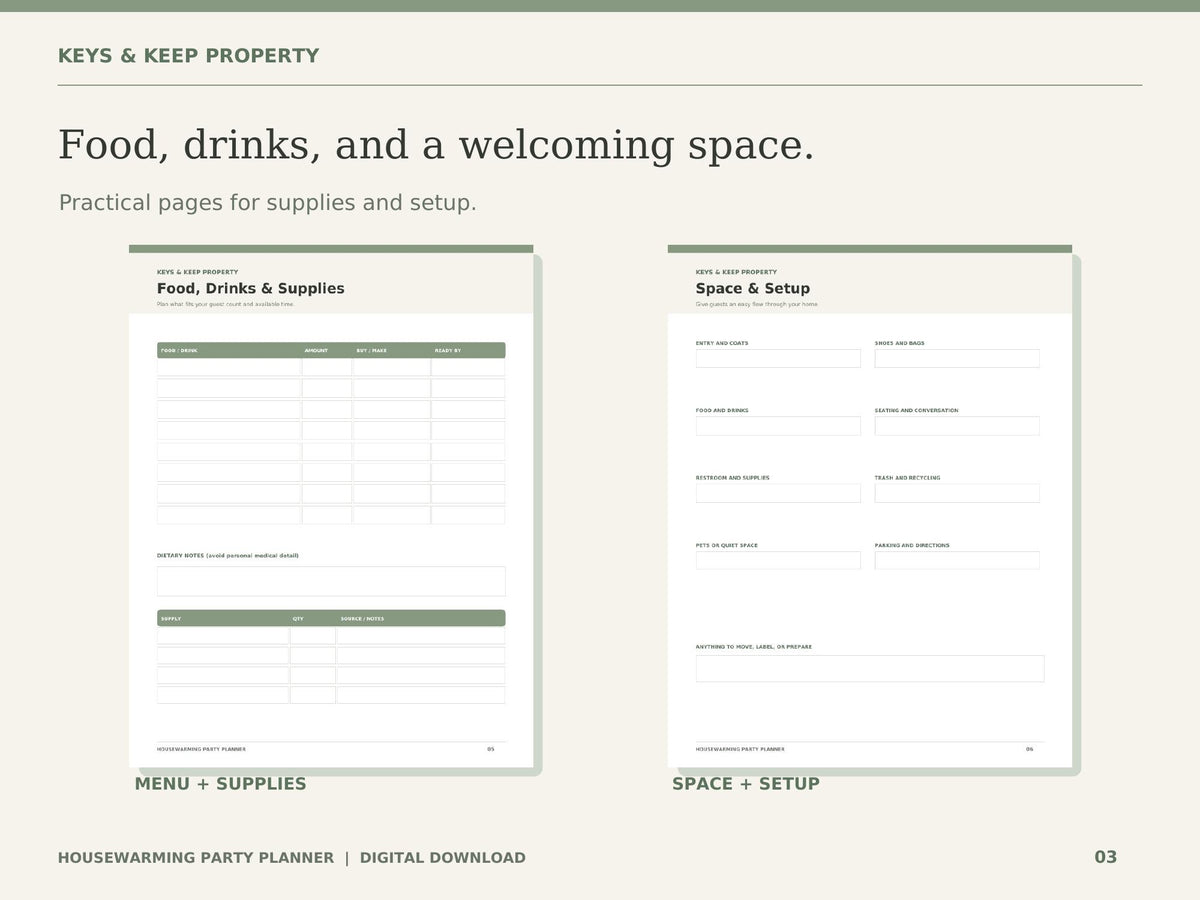 Housewarming Party Planner | Guest List, Budget, Menu and Prep Checklist | 10-Page Printable + Fillable PDF