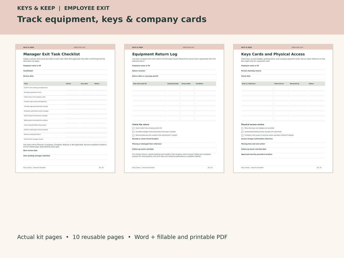 Employee Offboarding Checklist Kit | Equipment Return, Access and Work Handoff | Editable Word + Fillable PDF