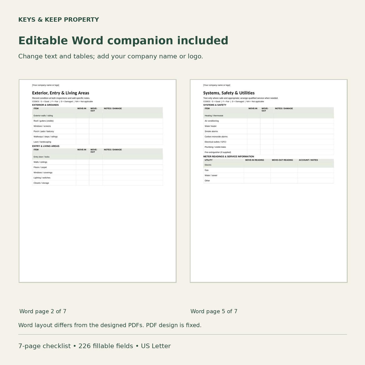 Move-In Move-Out Inspection Checklist | 7-Page Fillable PDF + Editable Word