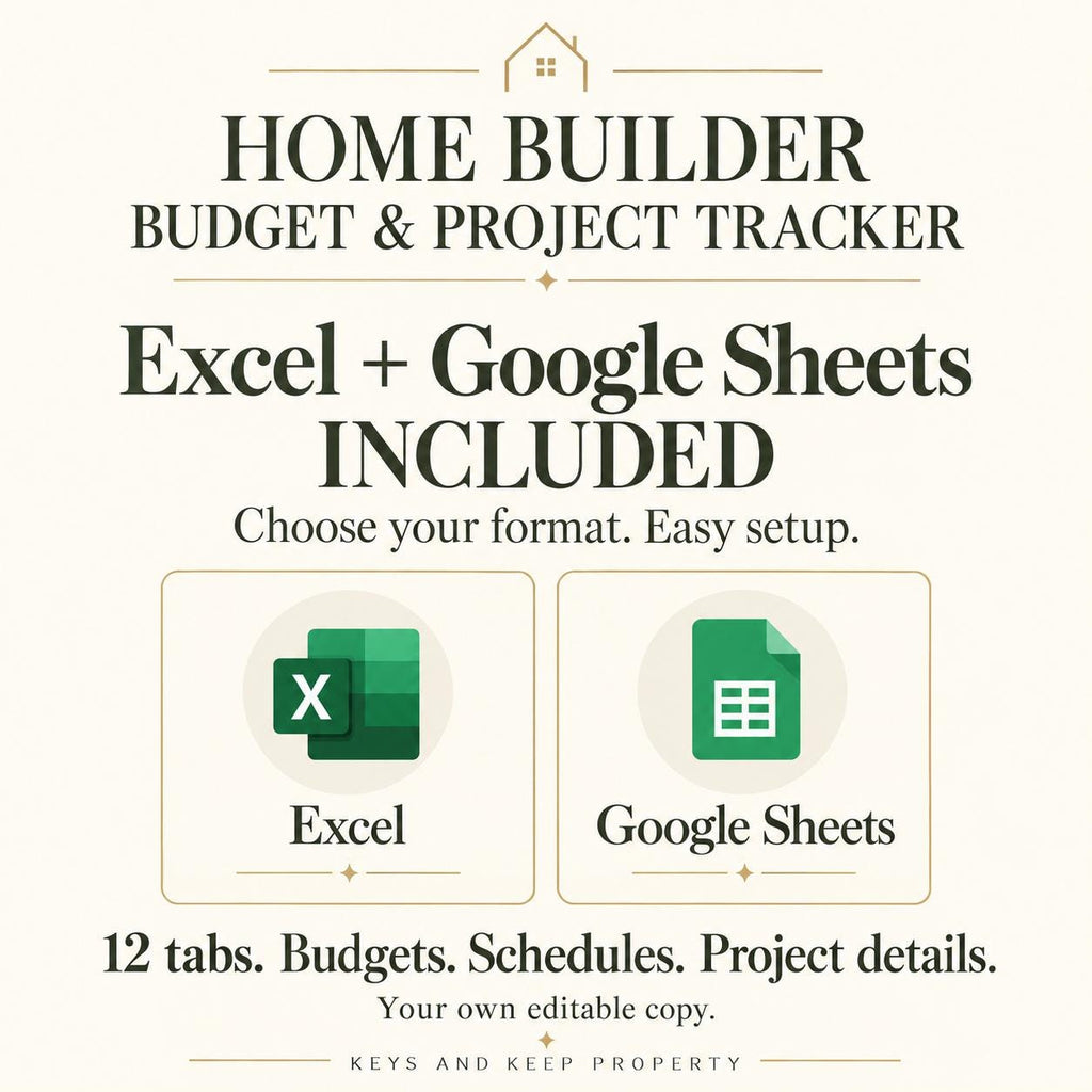 Home Builder Budget & Project Tracker | 12-Tab Excel and Google Sheets Construction Spreadsheet