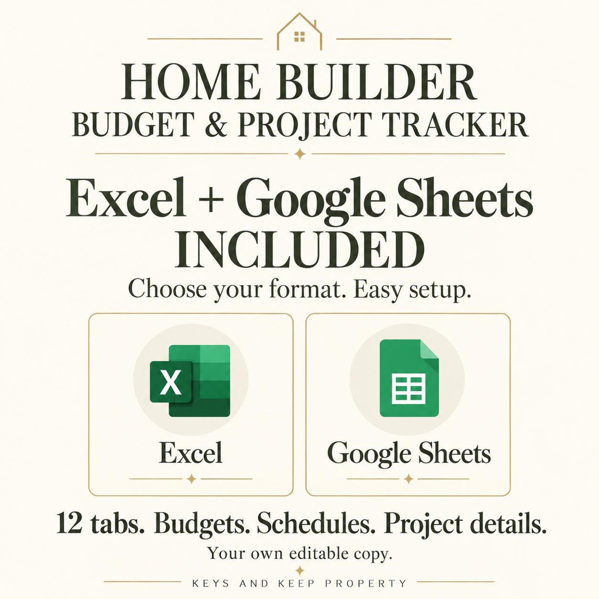 Home Builder Budget & Project Tracker | 12-Tab Excel and Google Sheets Construction Spreadsheet