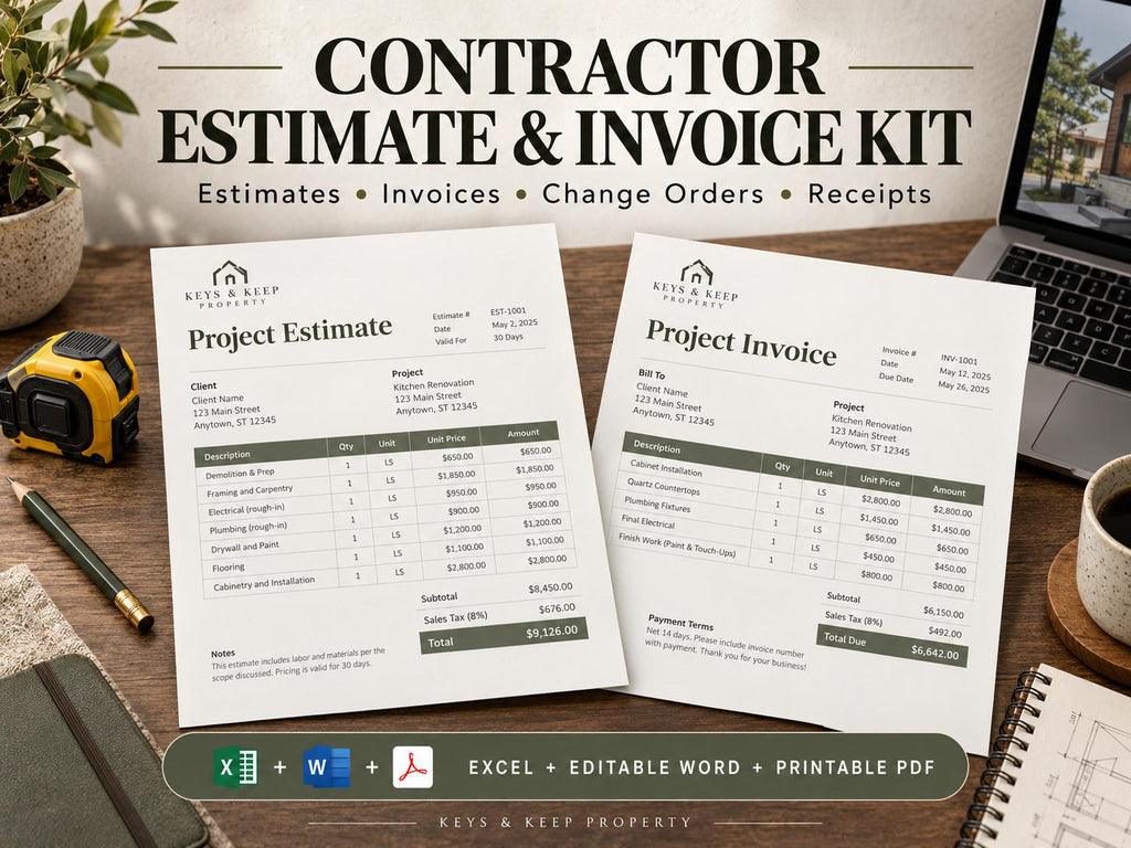 Contractor kit mockup with sample Project Estimate and Project Invoice sheets beside a tape measure and laptop.