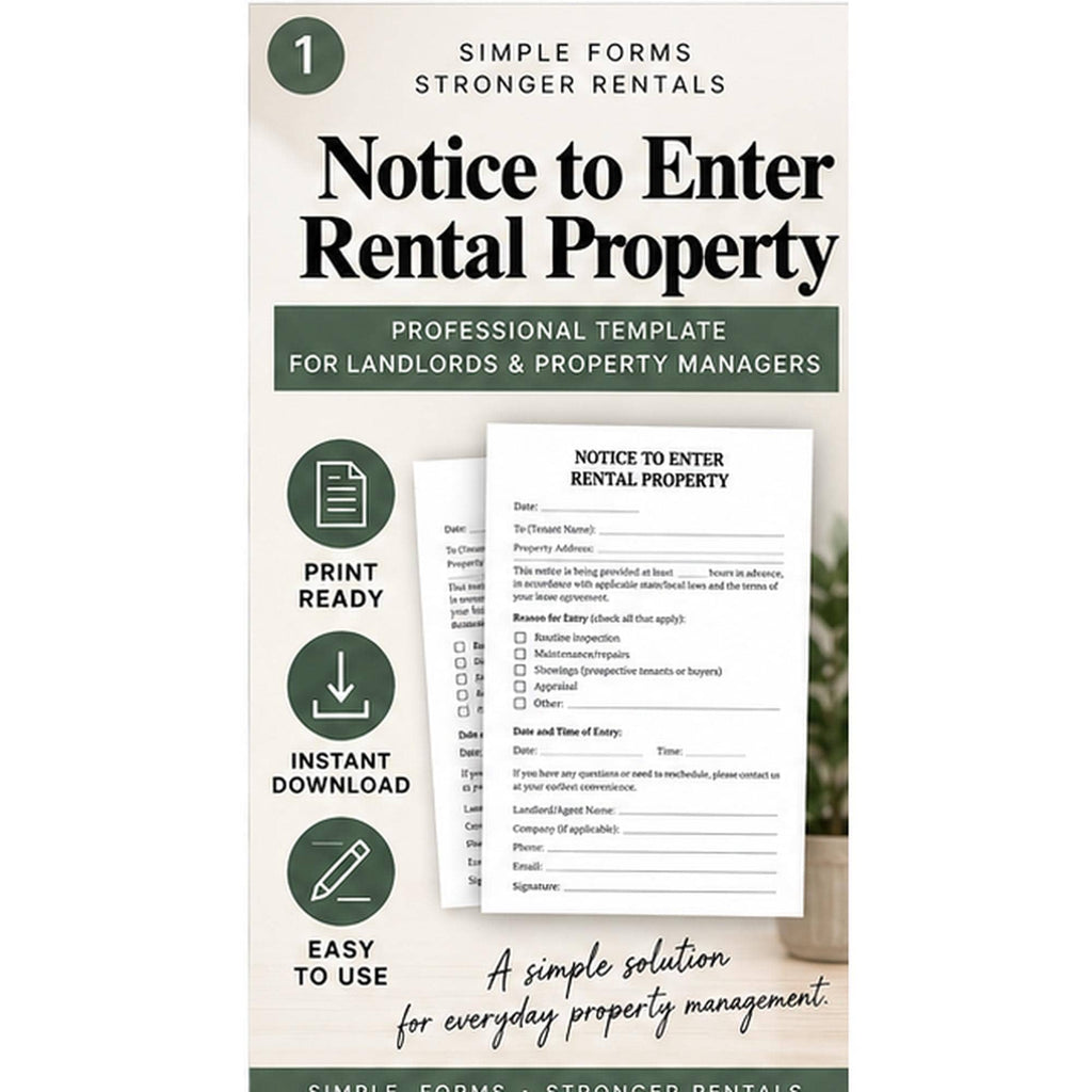 Notice to Enter Rental Property promotional graphic with notice pages and print-ready, download, and easy-use icons.