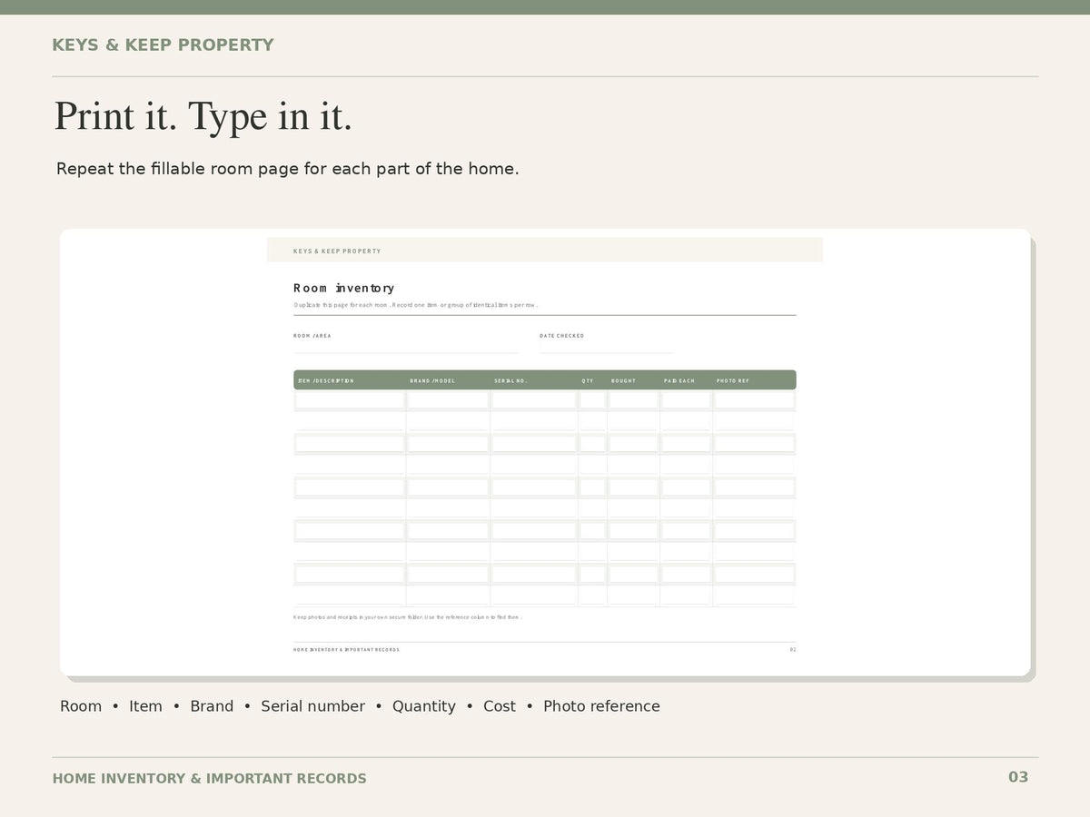 Home Inventory Spreadsheet | Excel + Google Sheets Household Tracker, Room-by-Room List & Important Records | Fillable PDF