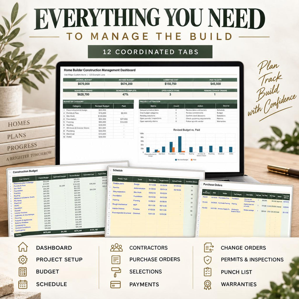 Home Builder Budget & Project Tracker | 12-Tab Excel and Google Sheets Construction Spreadsheet
