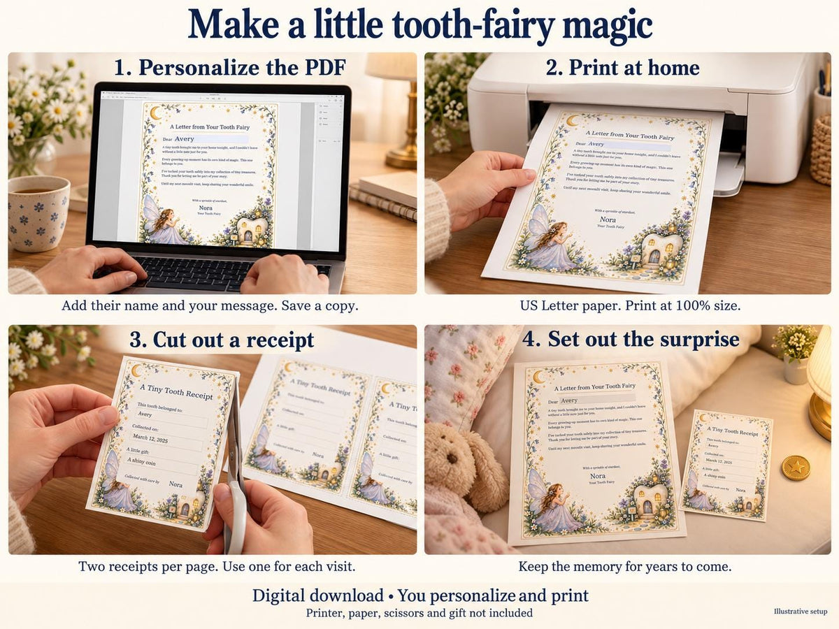 Tooth Fairy Letter and Receipt Printable | Editable PDF + Lost Tooth Tracker | Floral Moonlight