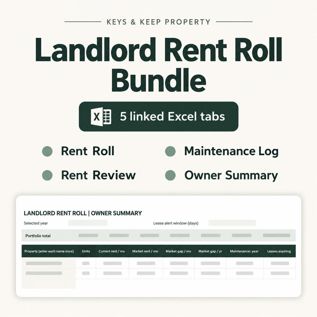 Landlord Rent Roll Spreadsheet | Excel + Google Sheets | Lease, Maintenance & Rent Review Tracker