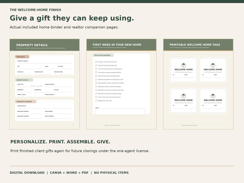 Sage-accented property details sheet, first-week home checklist, and printable Welcome Home gift tags.
