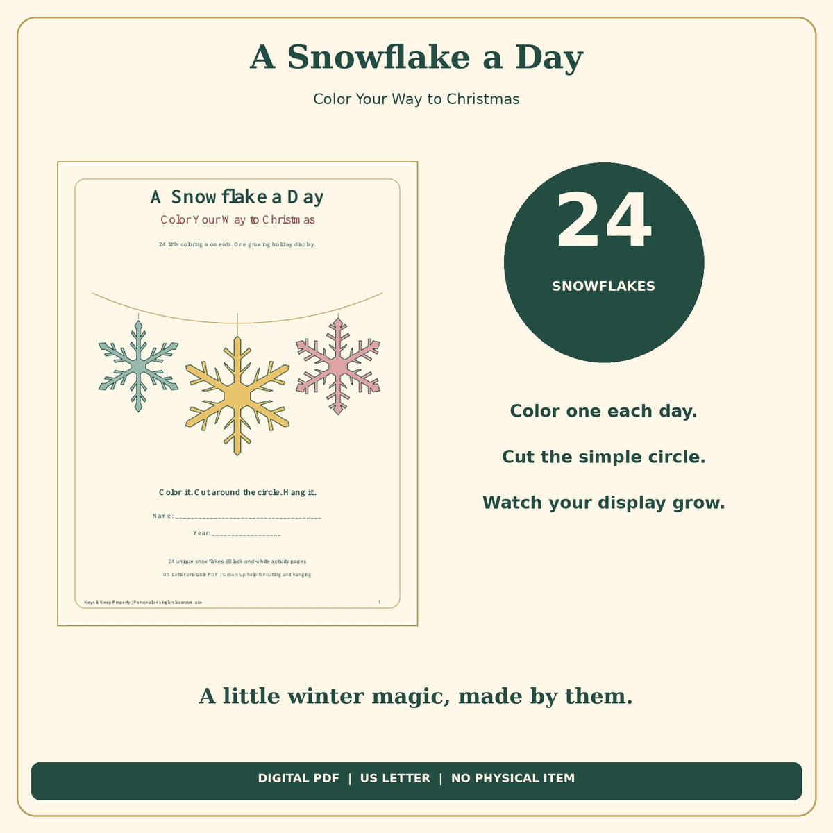 Christmas Snowflake Countdown Printable | 24 Color and Hang Snowflakes, Easy Cut Circles | 26-Page PDF
