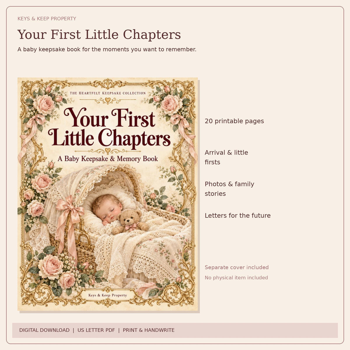 Baby Memory Book Printable, Victorian Floral Cover, 20-Page Keepsake (PDF)