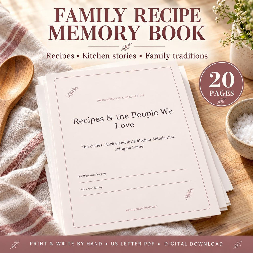 Family recipe memory book cover on a wooden kitchen surface beside a spoon, striped towel, flowers, and salt bowl.