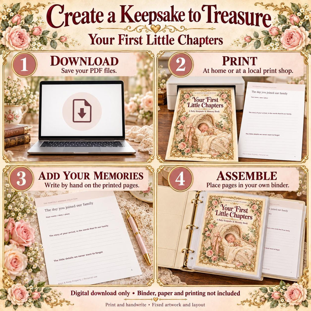 Baby Memory Book Printable, Victorian Floral Cover, 20-Page Keepsake (PDF)